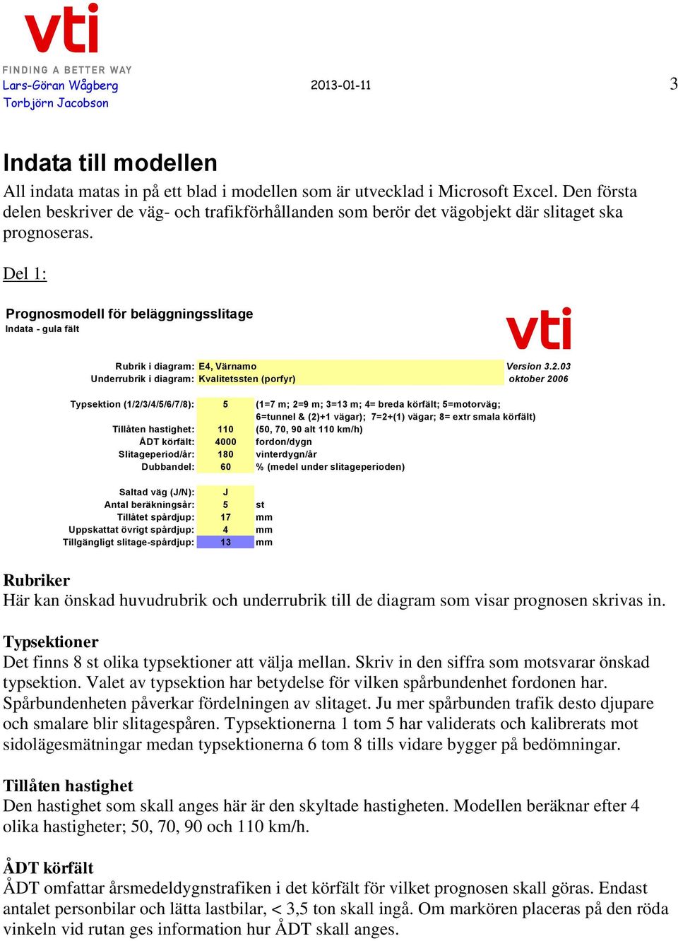Del 1: Prognosmodell för beläggningsslitage Indata - gula fält Rubrik i diagram: E4, Värnamo Version 3.2.