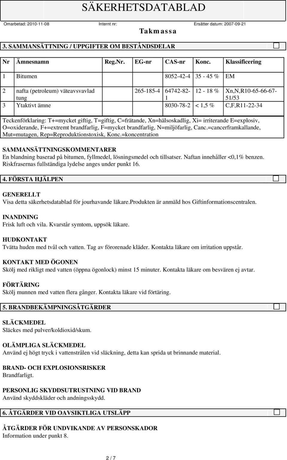 Teckenförklaring: T+=mycket giftig, T=giftig, C=frätande, Xn=hälsoskadlig, Xi= irriterande E=explosiv, O=oxiderande, F+=extremt brandfarlig, F=mycket brandfarlig, N=miljöfarlig, Canc.