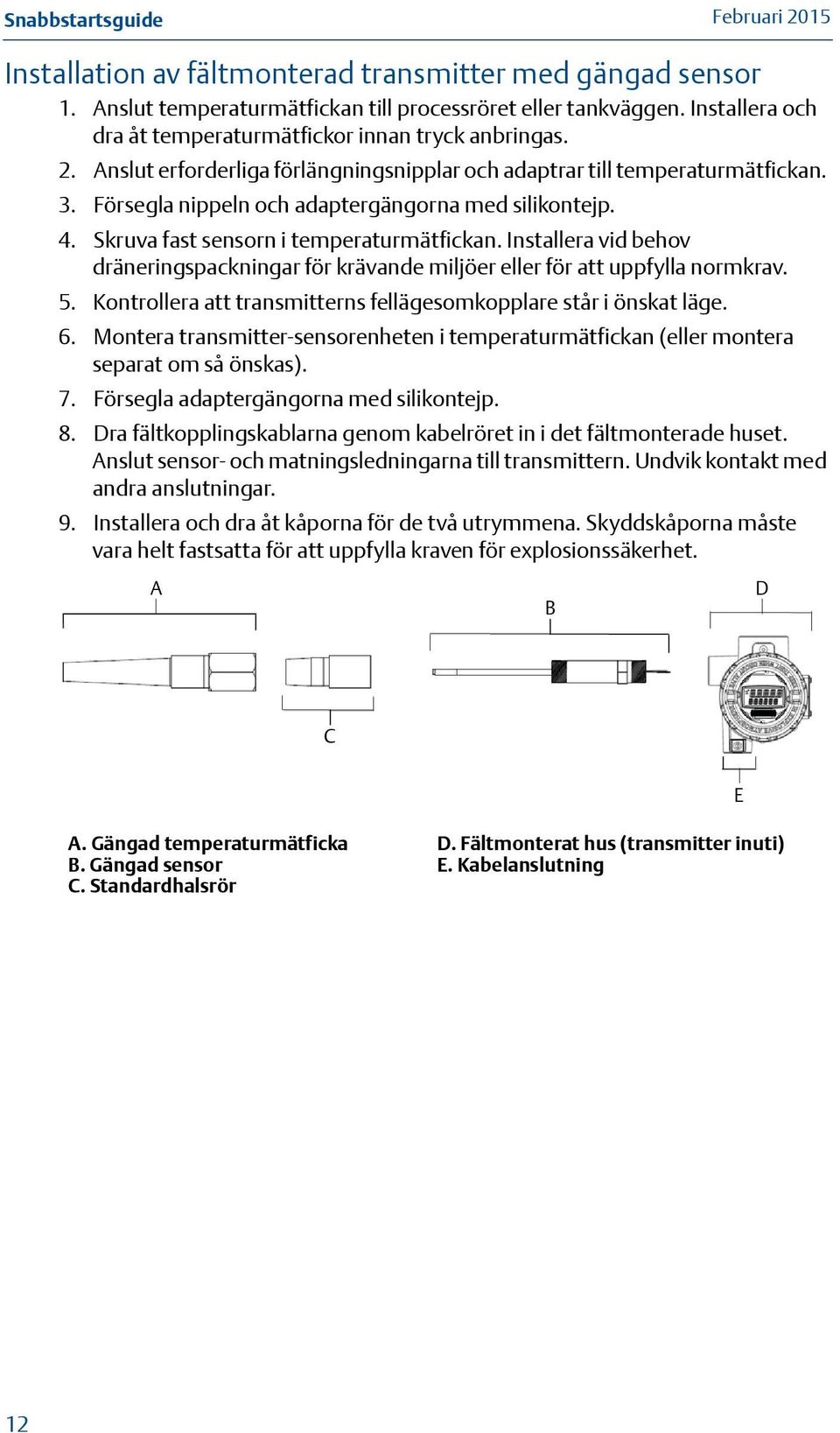 Försegla nippeln och adaptergängorna med silikontejp. 4. Skruva fast sensorn i temperaturmätfickan. Installera vid behov dräneringspackningar för krävande miljöer eller för att uppfylla normkrav. 5.