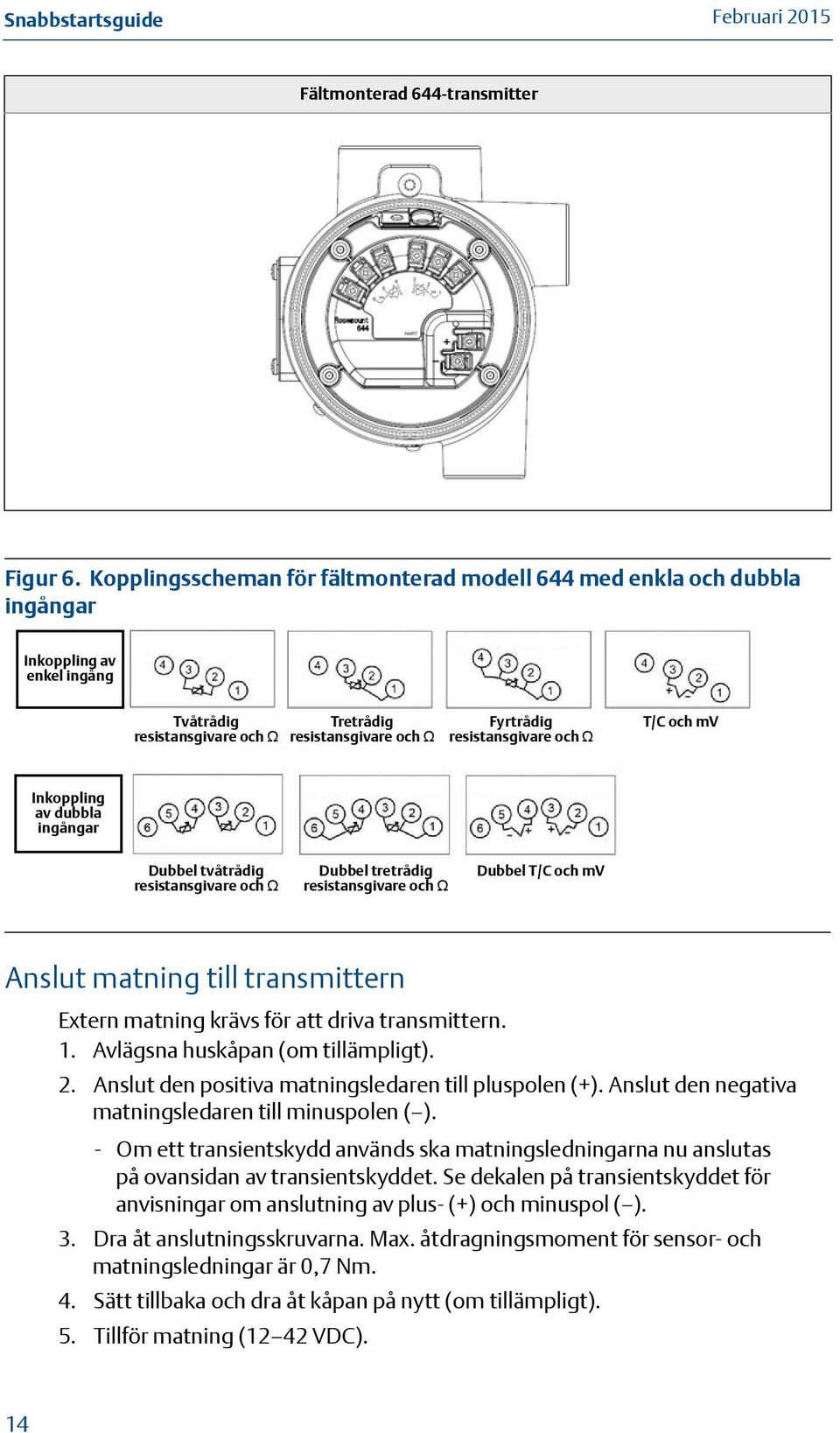 T/C och mv Inkoppling av dubbla ingångar Dubbel tvåtrådig resistansgivare och Ω Dubbel tretrådig resistansgivare och Ω Dubbel T/C och mv Anslut matning till transmittern Extern matning krävs för att