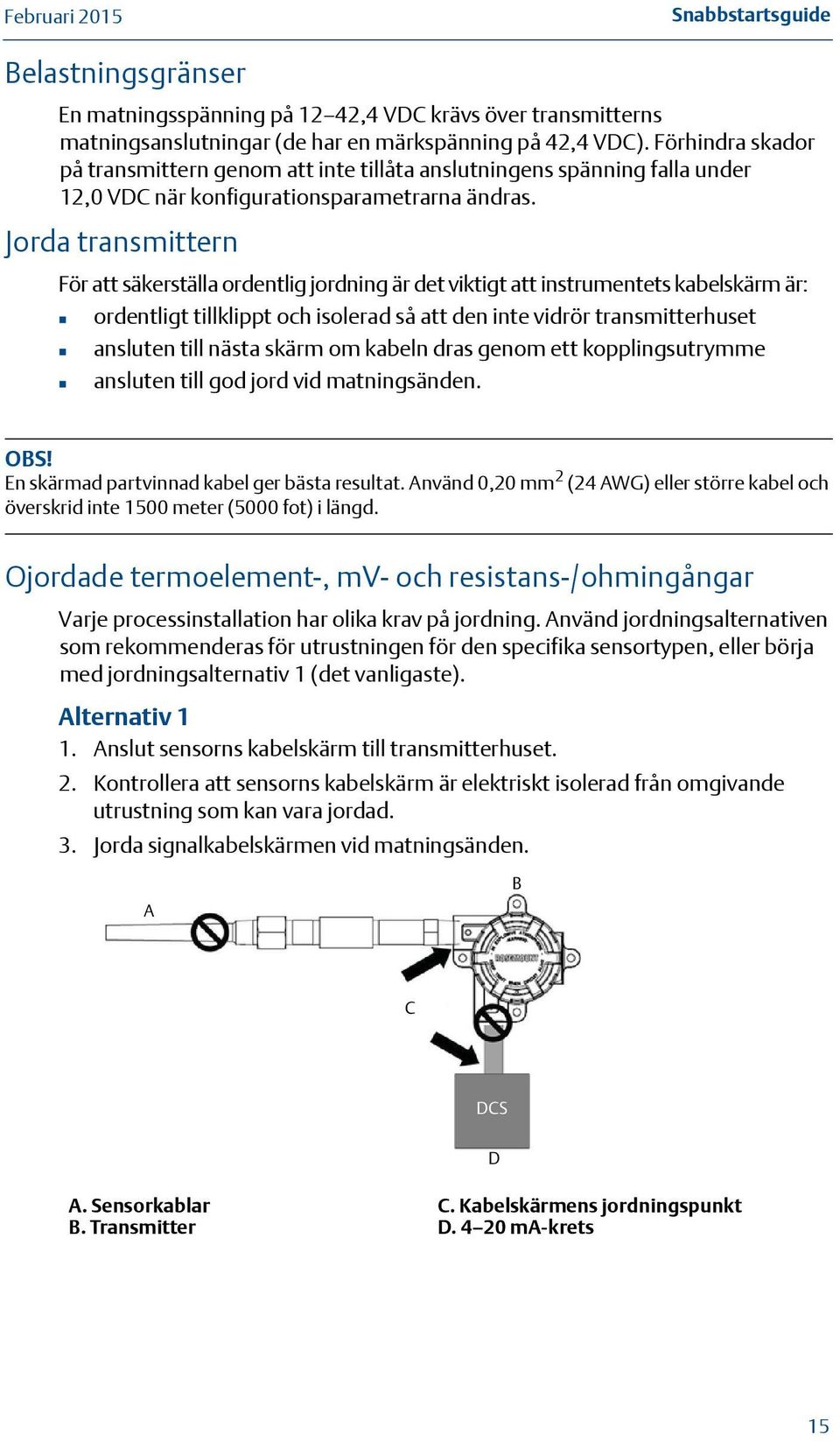 Jorda transmittern För att säkerställa ordentlig jordning är det viktigt att instrumentets kabelskärm är: ordentligt tillklippt och isolerad så att den inte vidrör transmitterhuset ansluten till