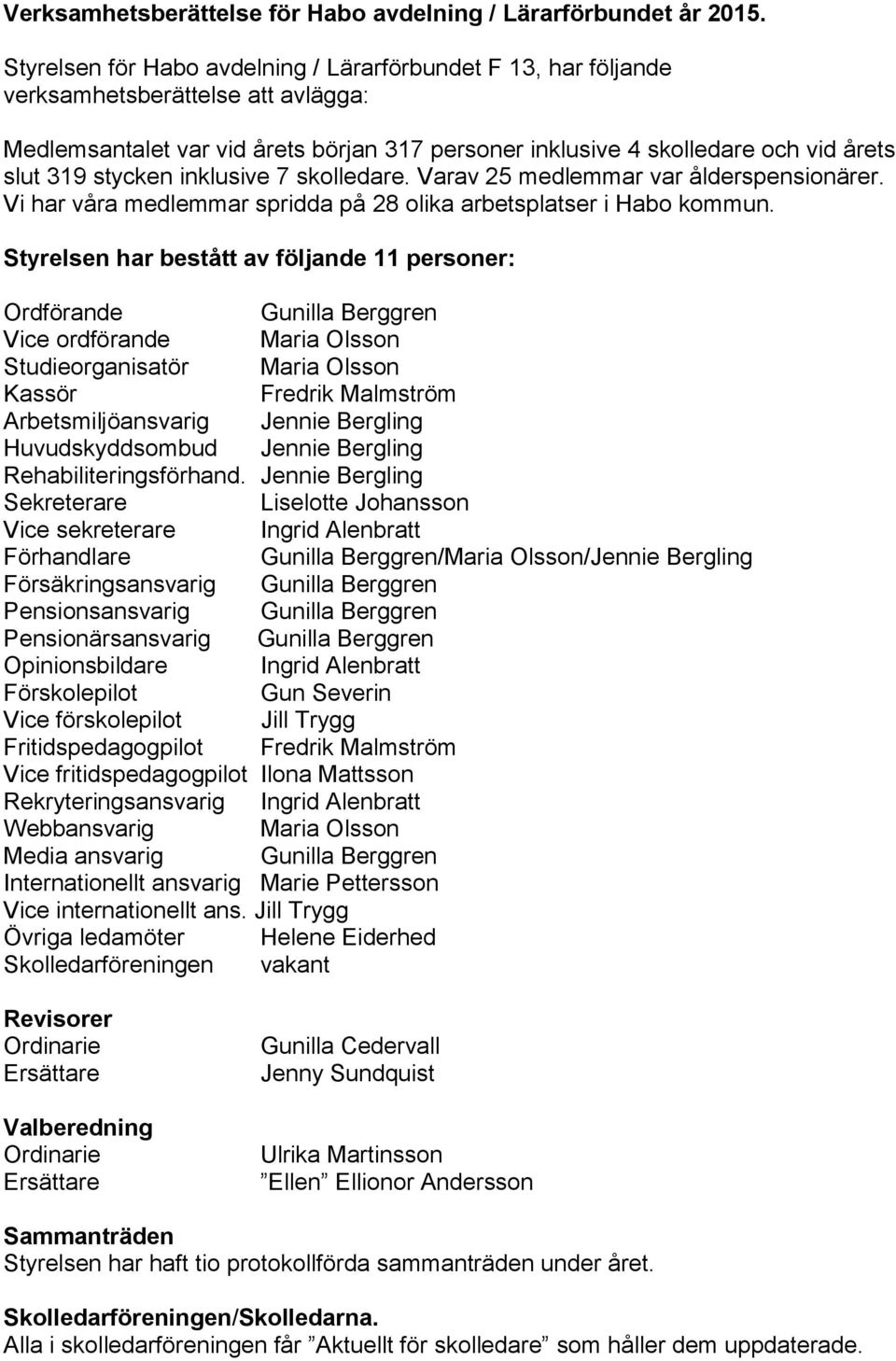 stycken inklusive 7 skolledare. Varav 25 medlemmar var ålderspensionärer. Vi har våra medlemmar spridda på 28 olika arbetsplatser i Habo kommun.