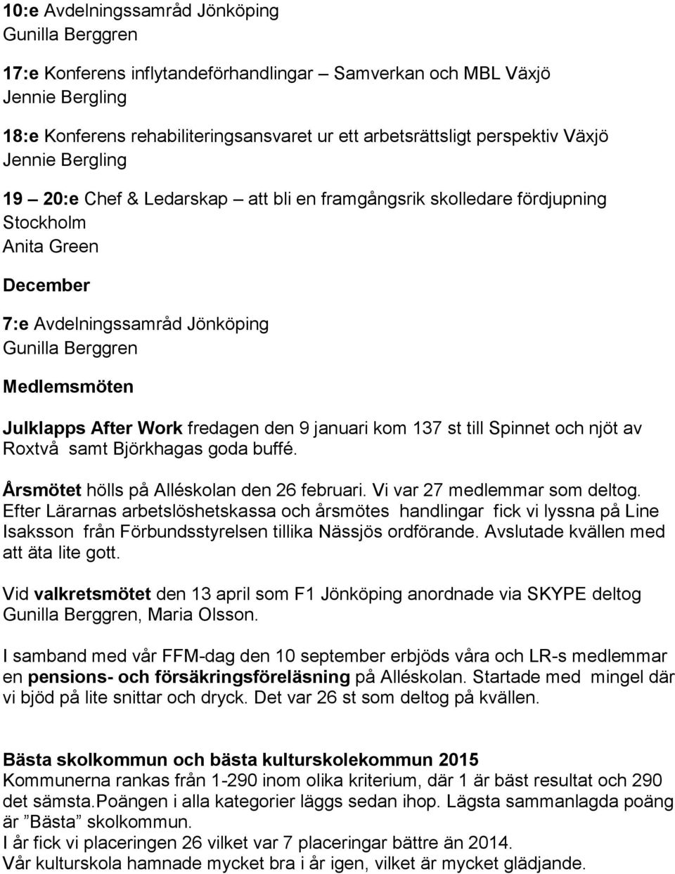 kom 137 st till Spinnet och njöt av Roxtvå samt Björkhagas goda buffé. Årsmötet hölls på Alléskolan den 26 februari. Vi var 27 medlemmar som deltog.