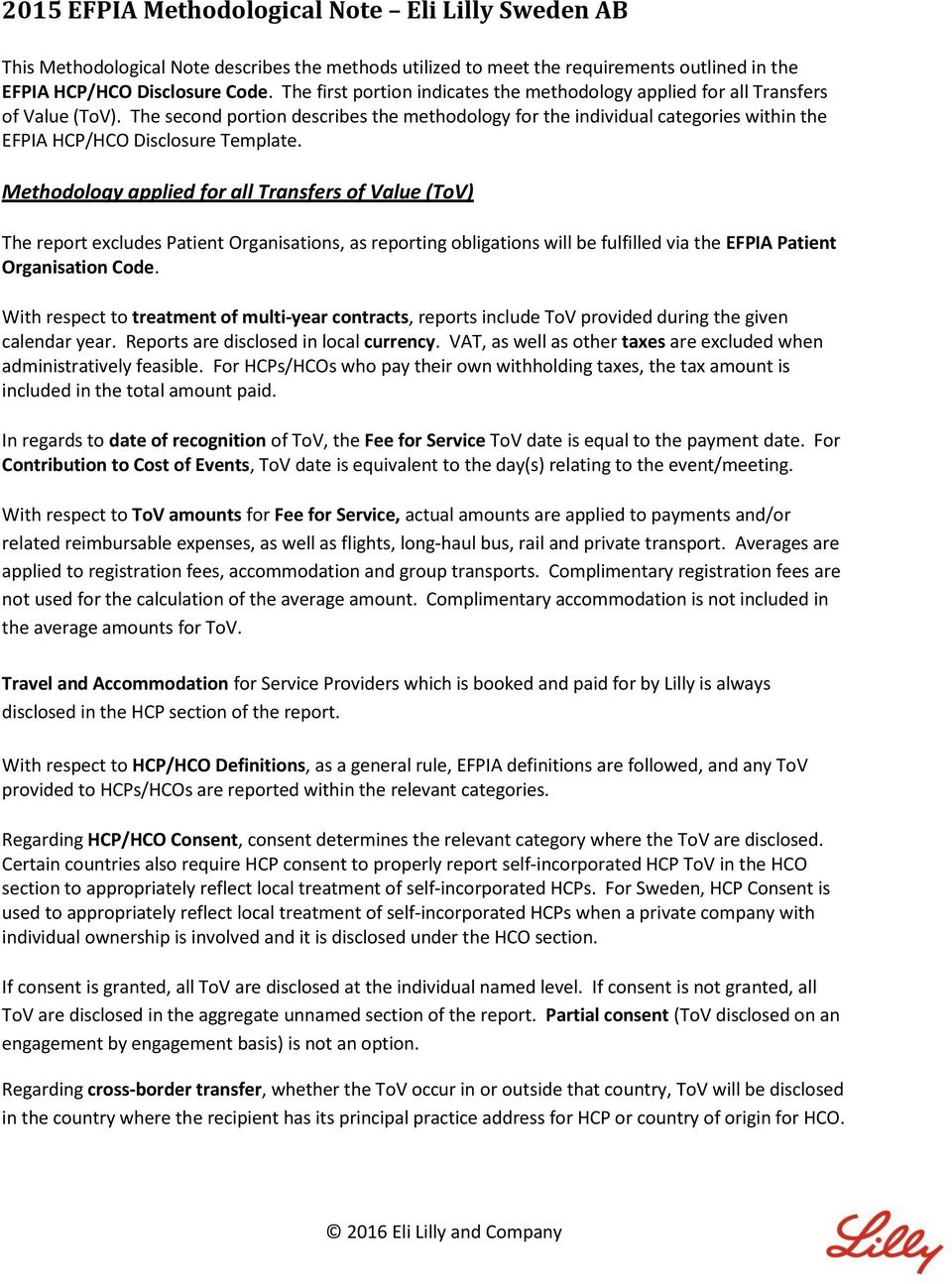 The second portion describes the methodology for the individual categories within the EFPIA HCP/HCO Disclosure Template.