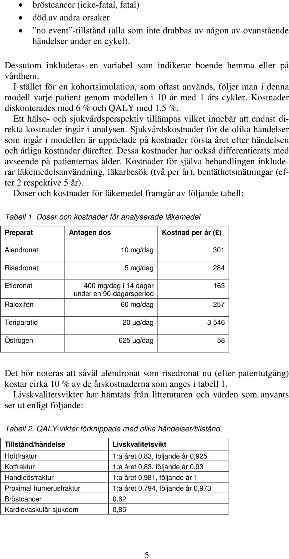 I stället för en kohortsimulation, som oftast används, följer man i denna modell varje patient genom modellen i 10 år med 1 års cykler. Kostnader diskonterades med 6 % och QALY med 1,5 %.