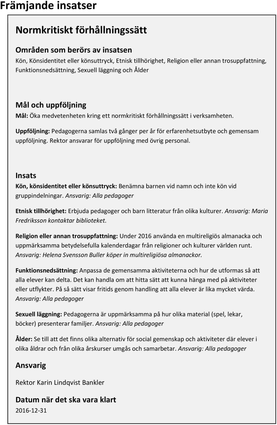 Uppföljning: Pedagogerna samlas två gånger per år för erfarenhetsutbyte och gemensam uppföljning. Rektor ansvarar för uppföljning med övrig personal.