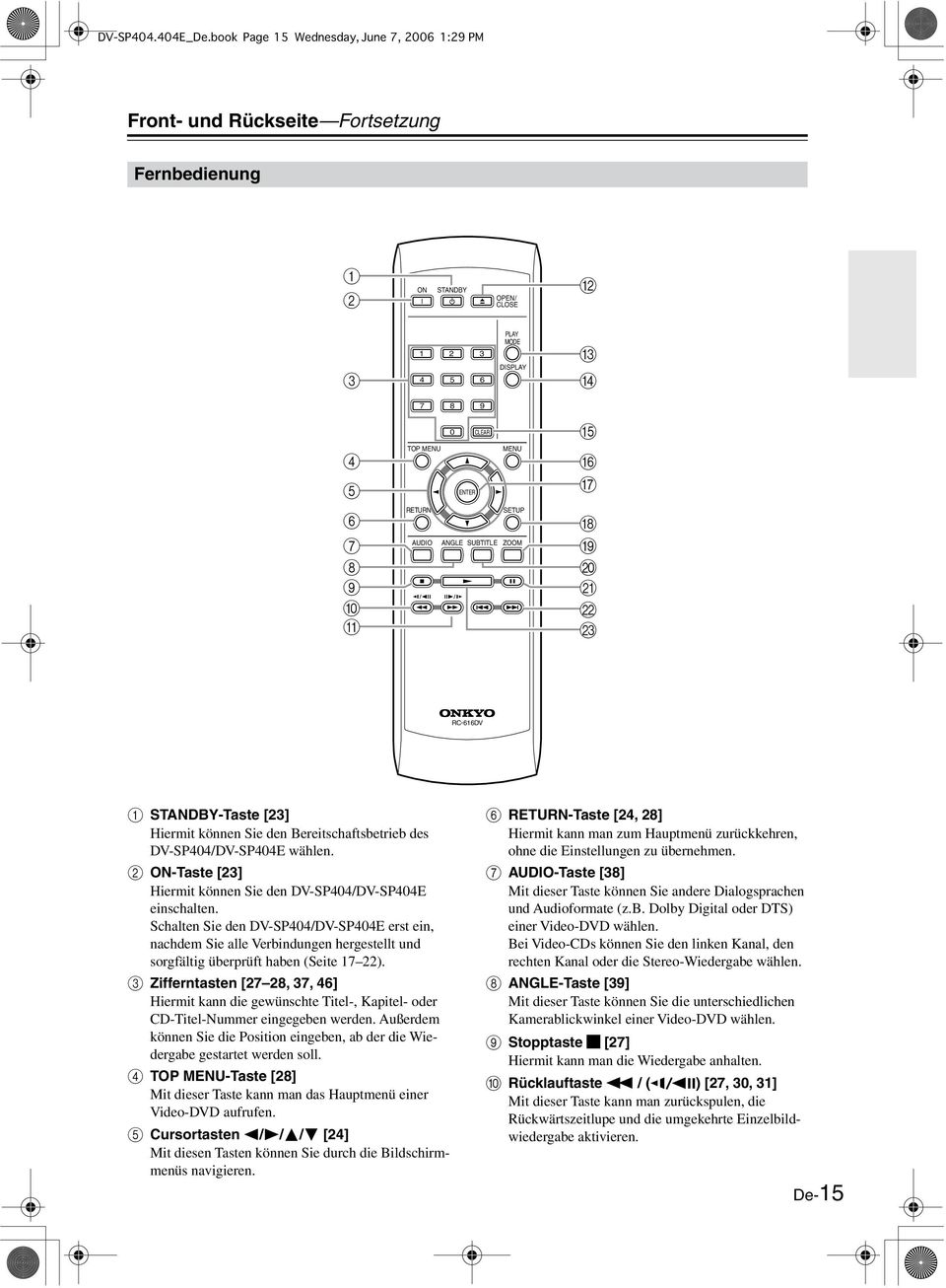 RC-66DV A STANDBY-Taste [3] Hiermit können Sie den Bereitschaftsbetrieb des DV-SP44/DV-SP44E wählen. B -Taste [3] Hiermit können Sie den DV-SP44/DV-SP44E einschalten.
