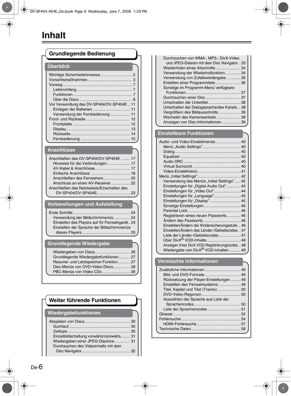 .. 5 Anschlüsse Anschließen des DV-SP44/DV-SP44E... 7 Hinweise für die Verbindungen... 7 AV-Kabel & Anschlüsse... 7 Einfache Anschlüsse... 8 Anschließen des Fernsehers... Anschluss an einen AV-Receiver.