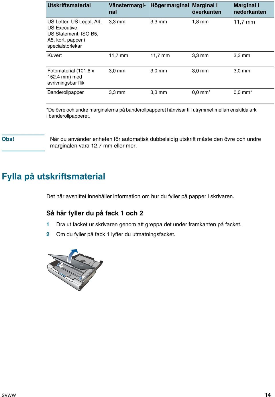4 mm) med avrivningsbar flik 3,0 mm 3,0 mm 3,0 mm 3,0 mm Banderollpapper 3,3 mm 3,3 mm 0,0 mm* 0,0 mm* *De övre och undre marginalerna på banderollpapperet hänvisar till utrymmet mellan enskilda ark
