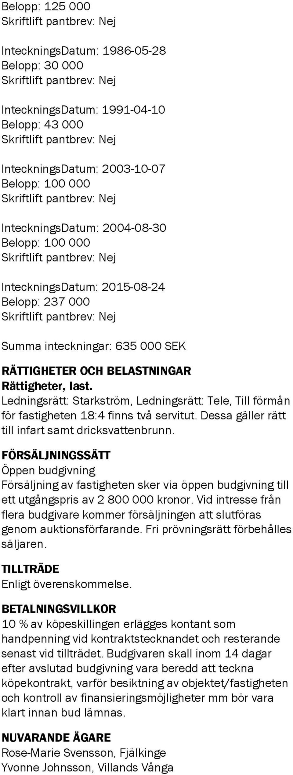 inteckningar: 635 000 SEK RÄTTIGHETER OCH BELASTNINGAR Rättigheter, last. Ledningsrätt: Starkström, Ledningsrätt: Tele, Till förmån för fastigheten 18:4 finns två servitut.