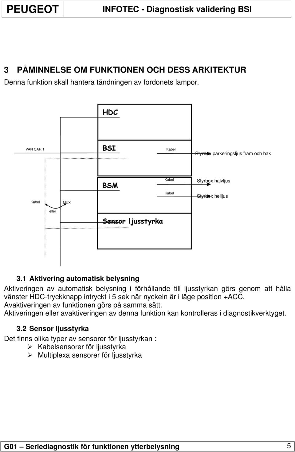 1 Aktivering automatisk belysning Aktiveringen av automatisk belysning i förhållande till ljusstyrkan görs genom att hålla vänster HDC-tryckknapp intryckt i 5 sek när nyckeln är i läge position