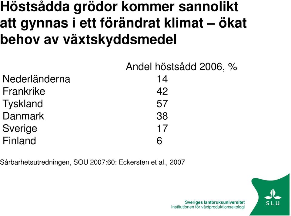 57 Danmark 38 Sverige 17 Finland 6 Sårbarhetsutredningen, SOU 2007:60: Eckersten