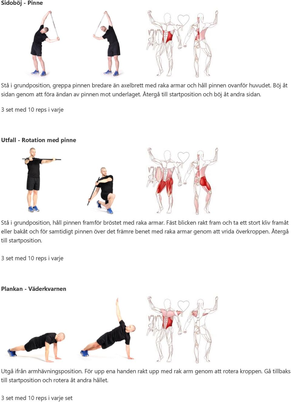 Fäst blicken rakt fram och ta ett stort kliv framåt eller bakåt och för samtidigt pinnen över det främre benet med raka armar genom att vrida överkroppen. Återgå till startposition.