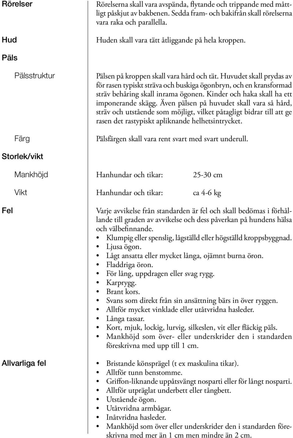 Huvudet skall prydas av för rasen typiskt sträva och buskiga ögonbryn, och en kransformad sträv behåring skall inrama ögonen. Kinder och haka skall ha ett imponerande skägg.