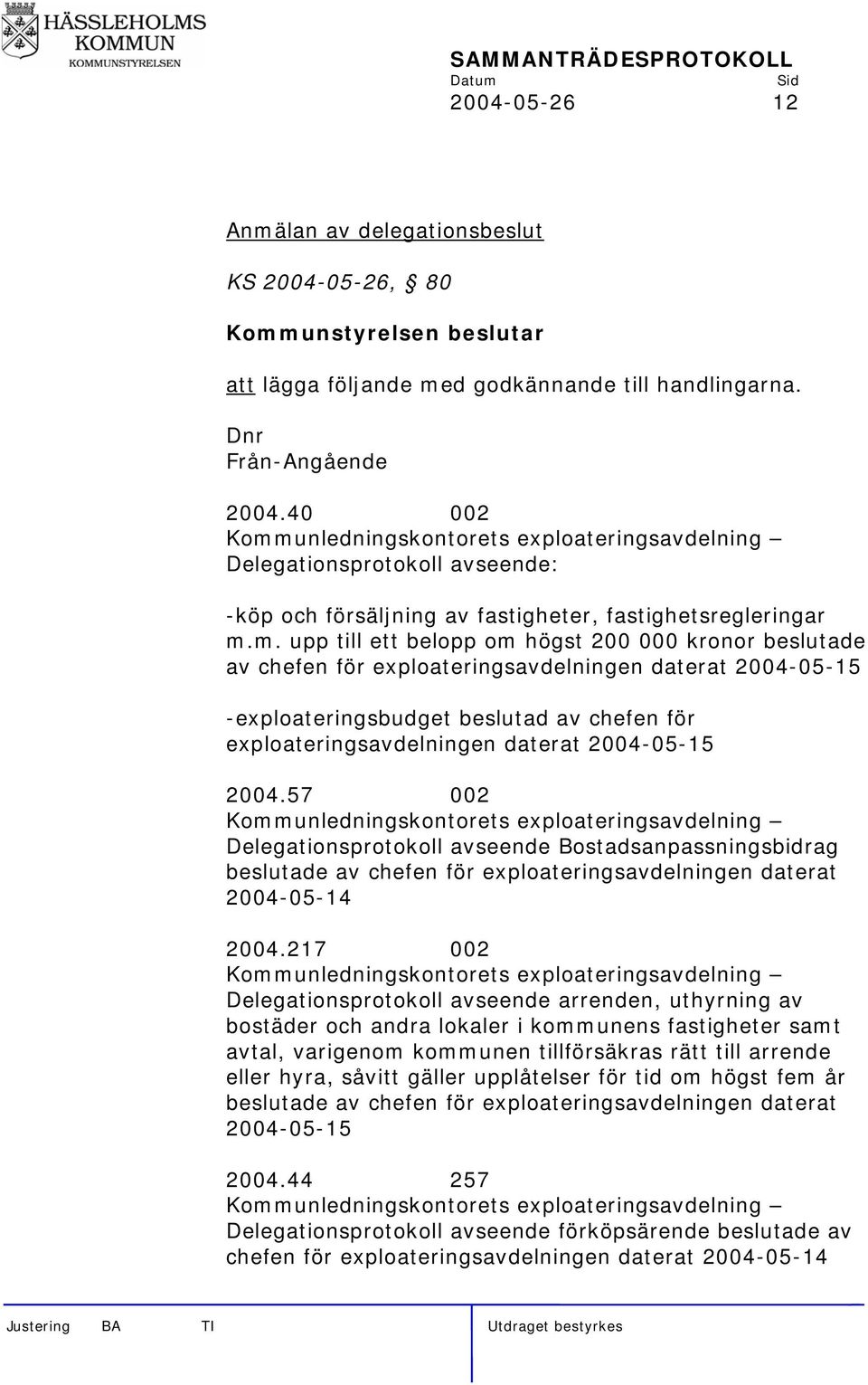 unledningskontorets exploateringsavdelning Delegationsprotokoll avseende: -köp och försäljning av fastigheter, fastighetsregleringar m.