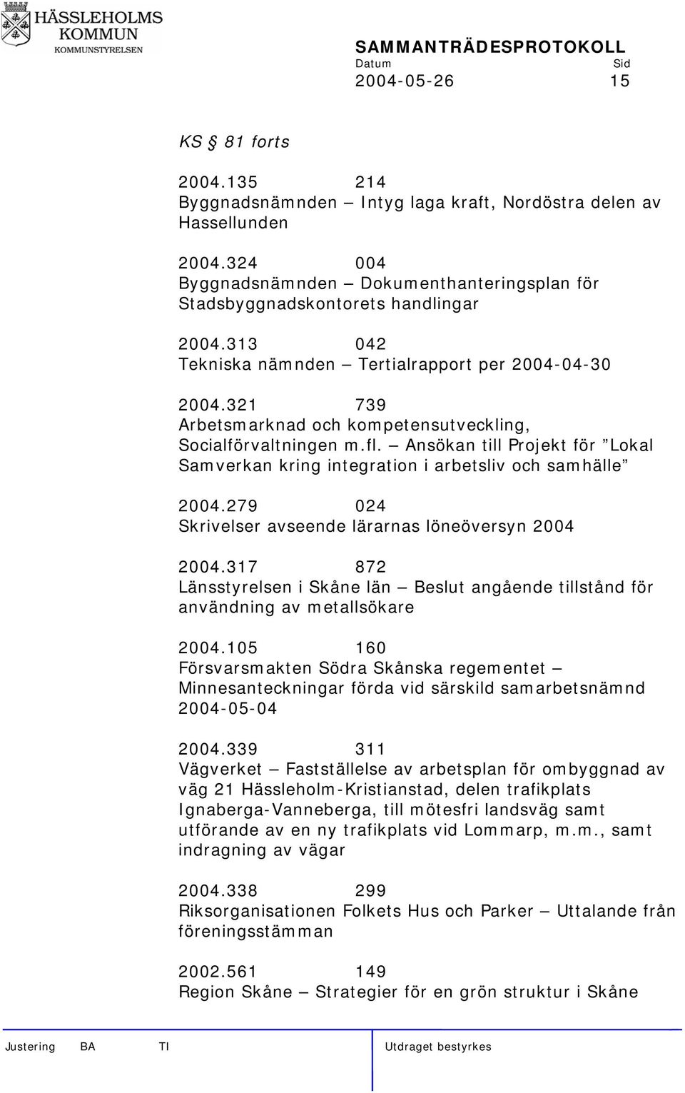 Ansökan till Projekt för Lokal Samverkan kring integration i arbetsliv och samhälle 2004.279 024 Skrivelser avseende lärarnas löneöversyn 2004 2004.
