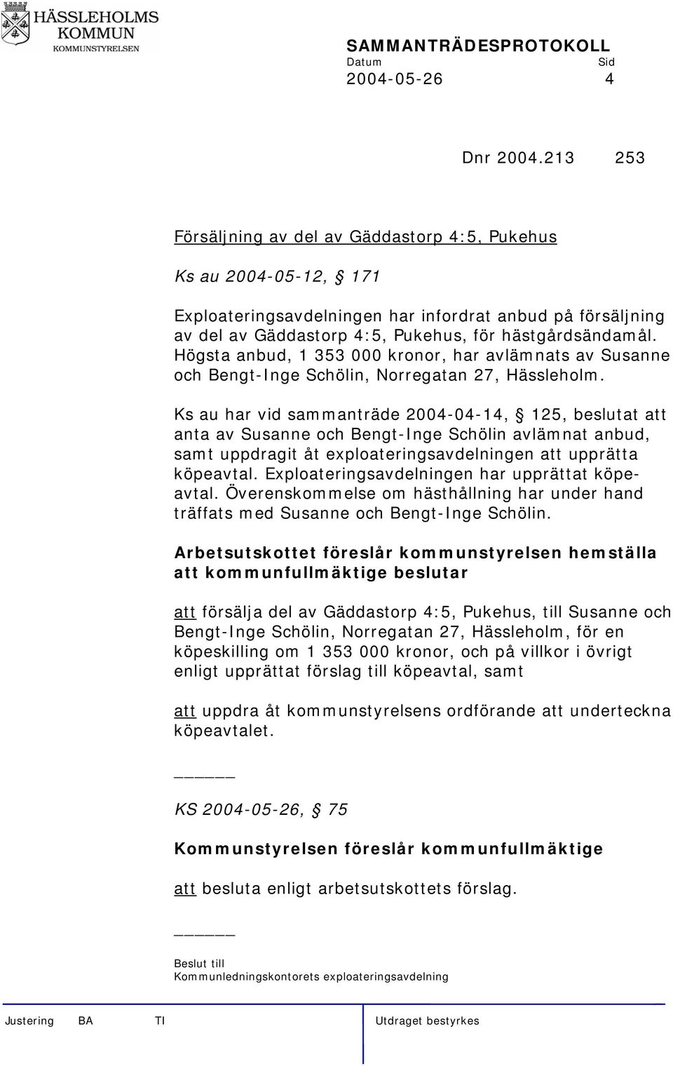 Högsta anbud, 1 353 000 kronor, har avlämnats av Susanne och Bengt-Inge Schölin, Norregatan 27, Hässleholm.