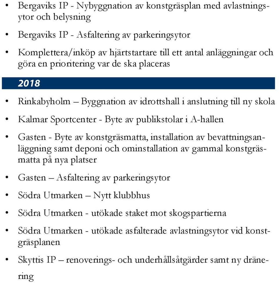 konstgräsmatta, installation av bevattningsanläggning samt deponi och ominstallation av gammal konstgräsmatta på nya platser Gasten Asfaltering av parkeringsytor Södra Utmarken Nytt