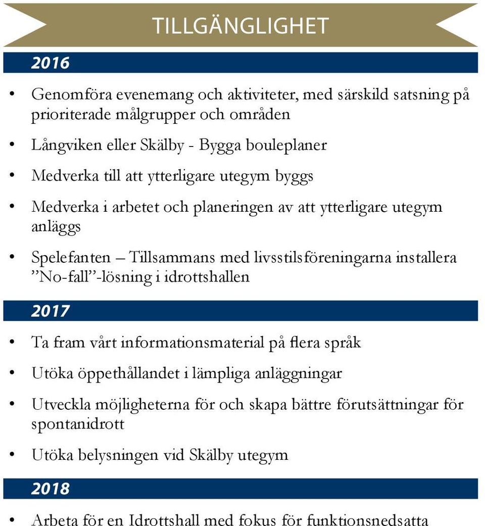 livsstilsföreningarna installera No-fall -lösning i idrottshallen 2017 Ta fram vårt informationsmaterial på flera språk Utöka öppethållandet i lämpliga
