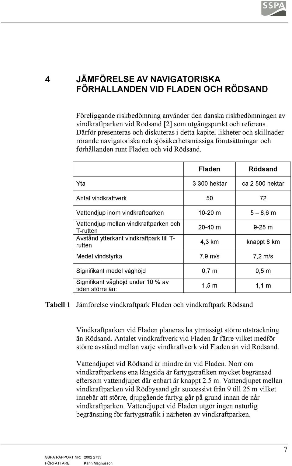 Fladen Rödsand Yta 3 300 hektar ca 2 500 hektar Antal vindkraftverk 50 72 Vattendjup inom vindkraftparken 10-20 m 5 8,6 m Vattendjup mellan vindkraftparken och T-rutten Avstånd ytterkant