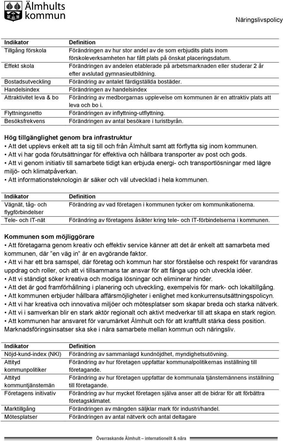 Förändringen av handelsindex Förändring av medborgarnas upplevelse om kommunen är en attraktiv plats att leva och bo i. Förändringen av inflyttning-utflyttning.