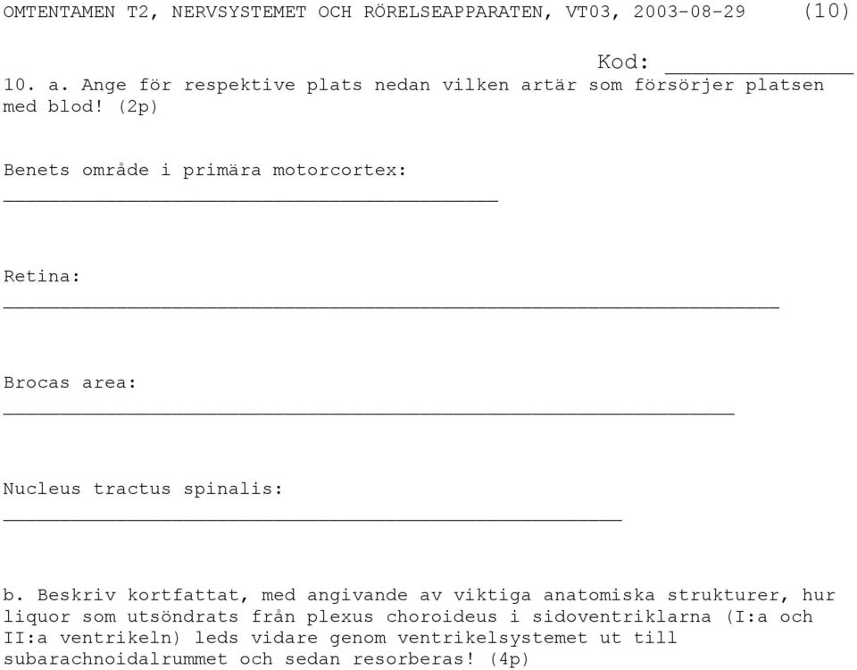 Beskriv kortfattat, med angivande av viktiga anatomiska strukturer, hur liquor som utsöndrats från plexus