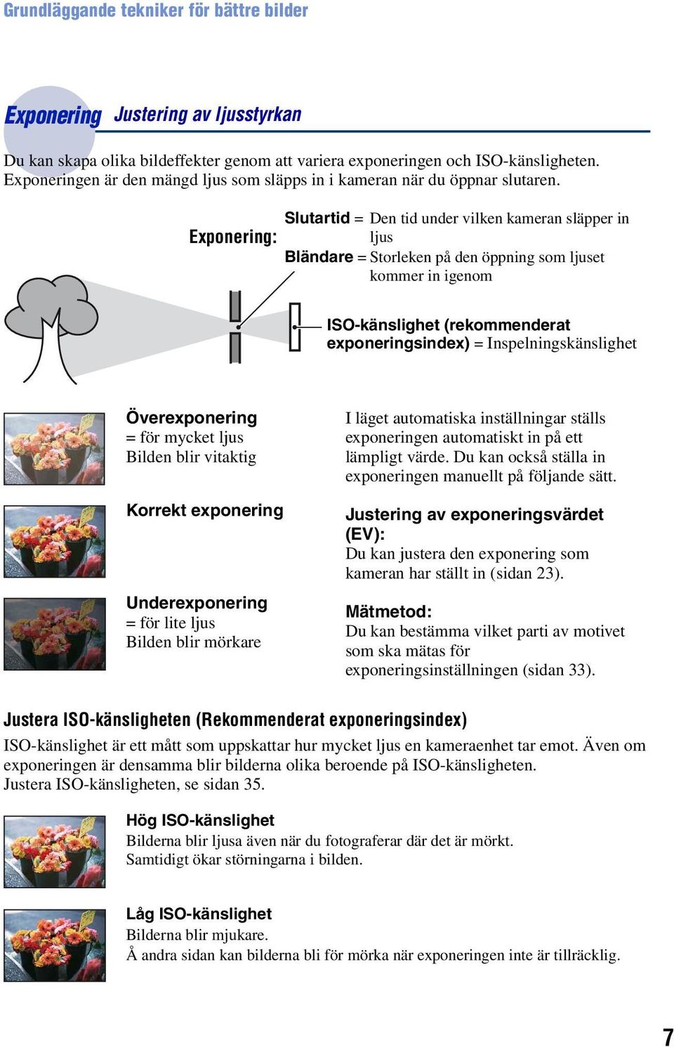 Slutartid = Den tid under vilken kameran släpper in Exponering: ljus Bländare = Storleken på den öppning som ljuset kommer in igenom ISO-känslighet (rekommenderat exponeringsindex) =