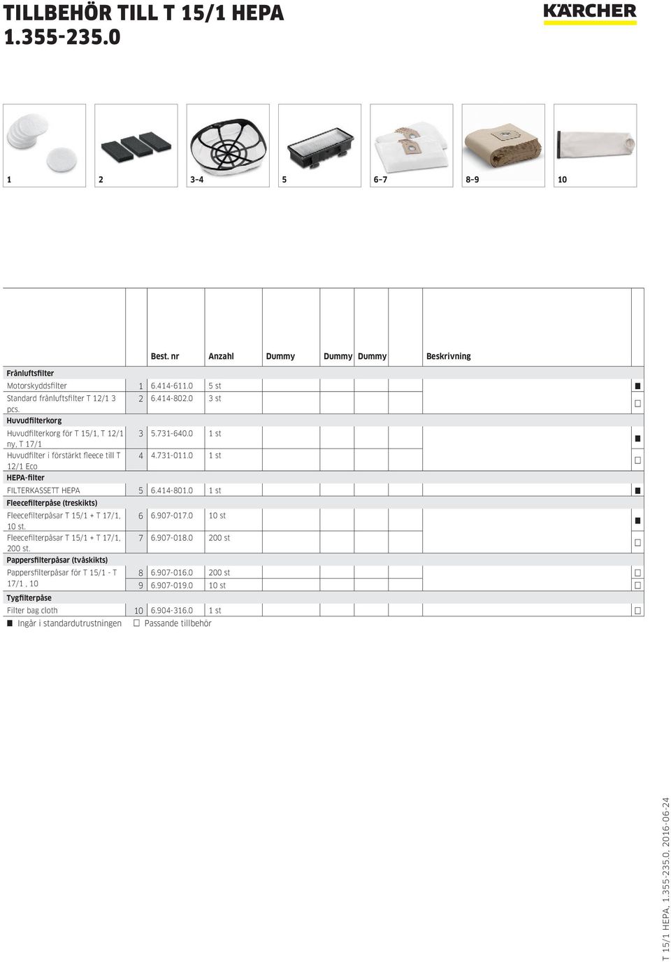 414-801.0 1 st Fleecefilterpåse (treskikts) Fleecefilterpåsar T 15/1 + T 17/1, 6 6.907-017.0 10 st 10 st. Fleecefilterpåsar T 15/1 + T 17/1, 7 6.907-018.0 200 st 200 st.