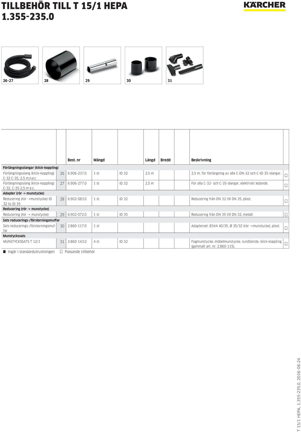 0 1 st ID 32 2,5 m För alla C-32- och C-35-slangar, elektriskt ledande. C-32, C-35 2,5 m e.c. Adapter (rör -> munstycke) Reducering (rör ->munstycke) ID 28 6.902-083.