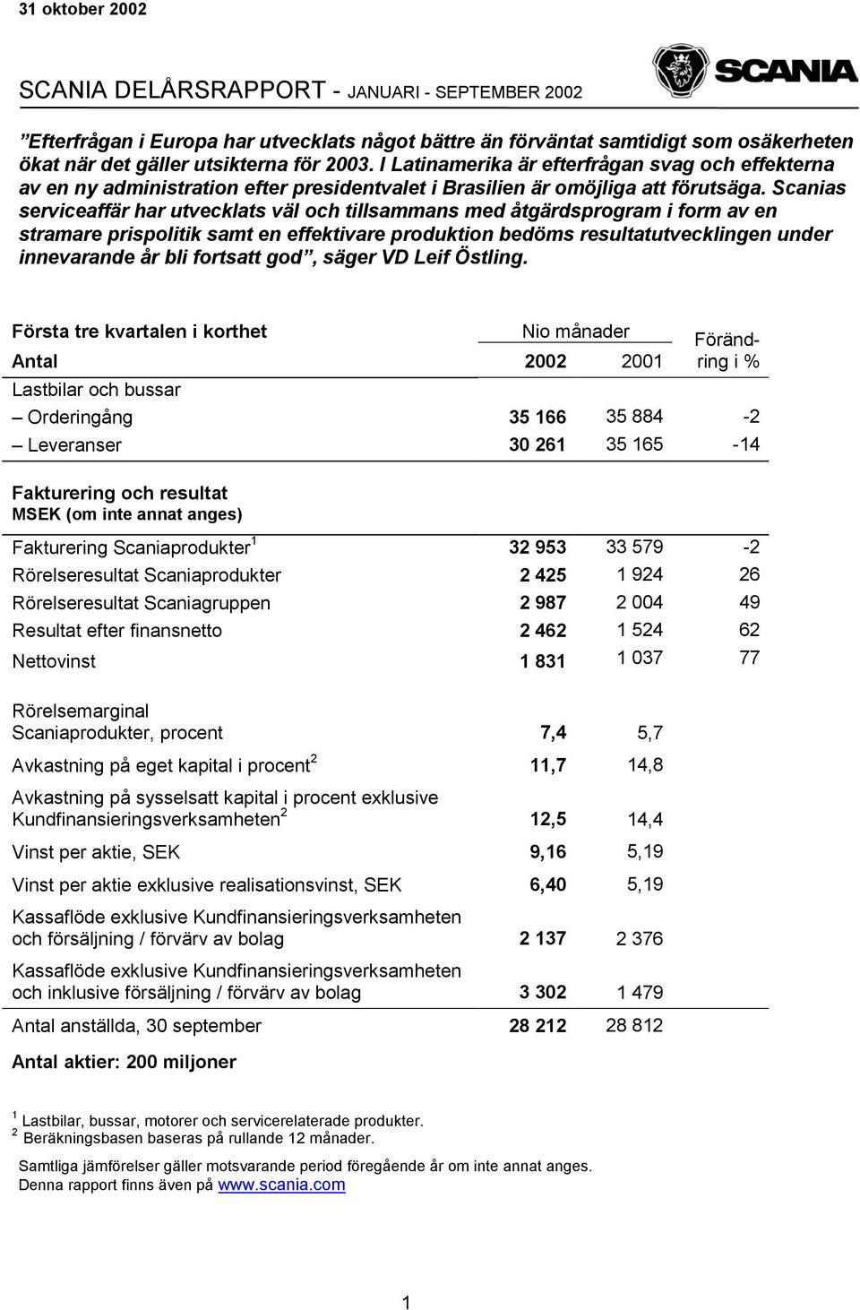 Scanias serviceaffär har utvecklats väl och tillsammans med åtgärdsprogram i form av en stramare prispolitik samt en effektivare produktion bedöms resultatutvecklingen under innevarande år bli