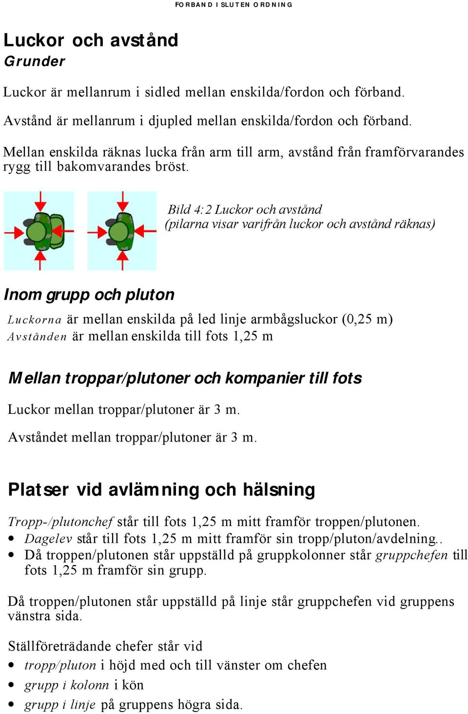 Bild 4:2 Luckor och avstånd (pilarna visar varifrån luckor och avstånd räknas) Inom grupp och pluton Luckorna är mellan enskilda på led linje armbågsluckor (0,25 m) Avstånden är mellan enskilda till