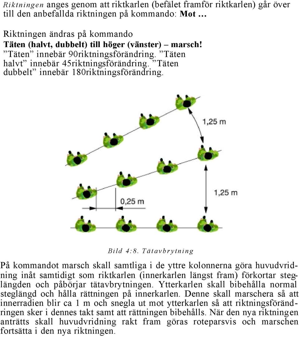 Tätavbrytning På kommandot marsch skall samtliga i de yttre kolonnerna göra huvudvridning inåt samtidigt som riktkarlen (innerkarlen längst fram) förkortar steglängden och påbörjar tätavbrytningen.