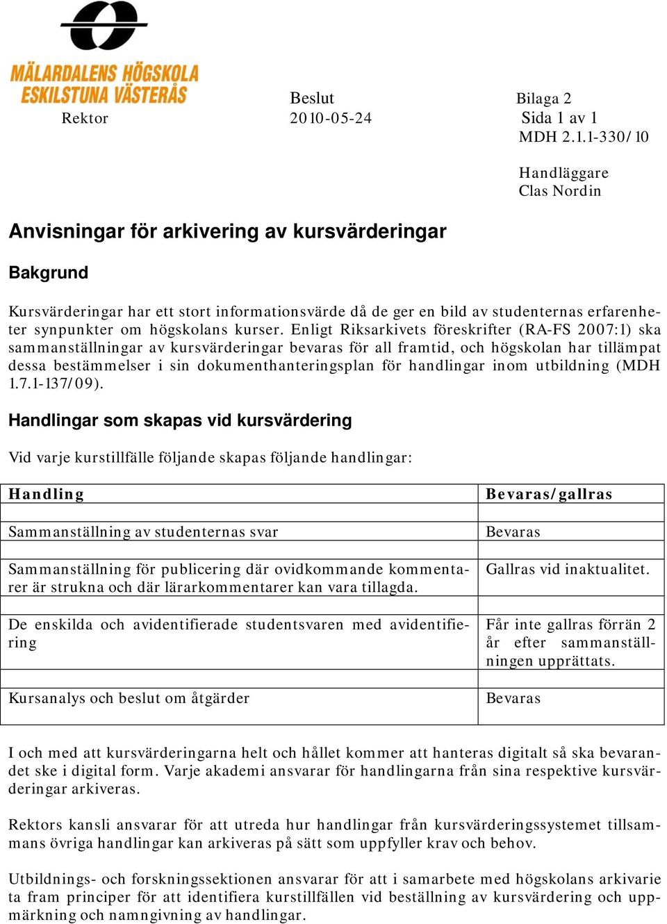 Enligt Riksarkivets föreskrifter (RA-FS 2007:1) ska sammanställningar av kursvärderingar bevaras för all framtid, och högskolan har tillämpat dessa bestämmelser i sin dokumenthanteringsplan för