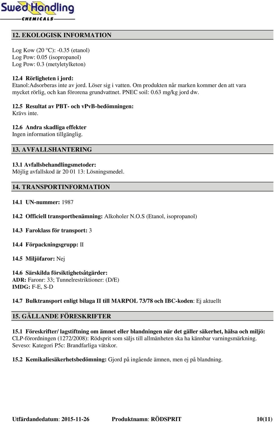13. AVFALLSHANTERING 13.1 Avfallsbehandlingsmetoder: Möjlig avfallskod är 20 01 13: Lösningsmedel. 14. TRANSPORTINFORMATION 14.1 UN-nummer: 1987 14.2 Officiell transportbenämning: Alkoholer N.O.S (Etanol, isopropanol) 14.