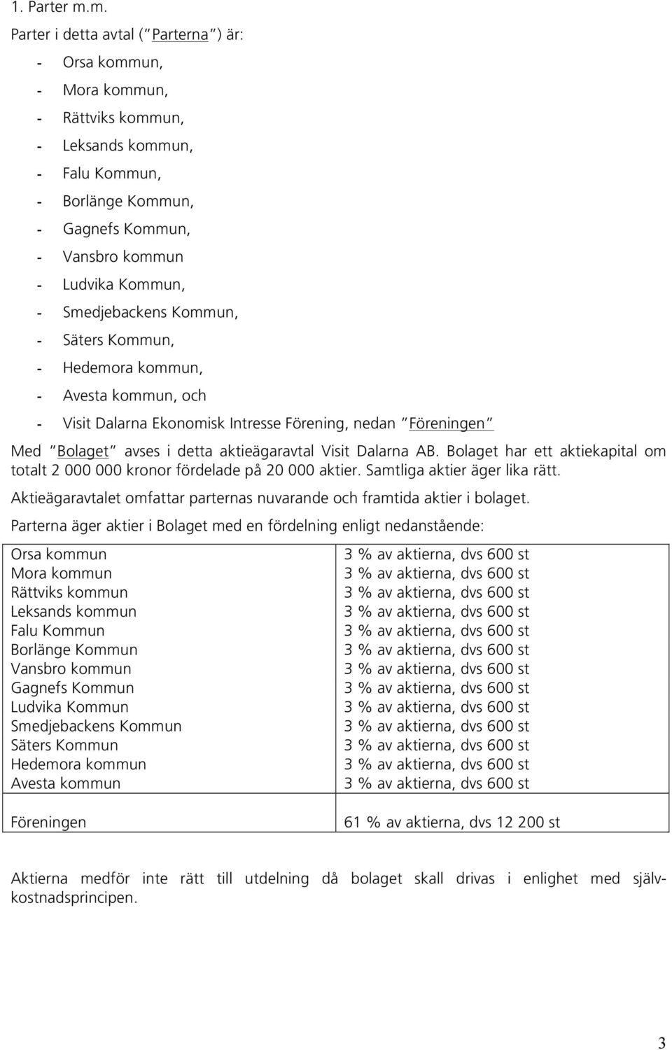 Smedjebackens Kommun, - Säters Kommun, - Hedemora kommun, - Avesta kommun, och - Visit Dalarna Ekonomisk Intresse Förening, nedan Föreningen Med Bolaget avses i detta aktieägaravtal Visit Dalarna AB.