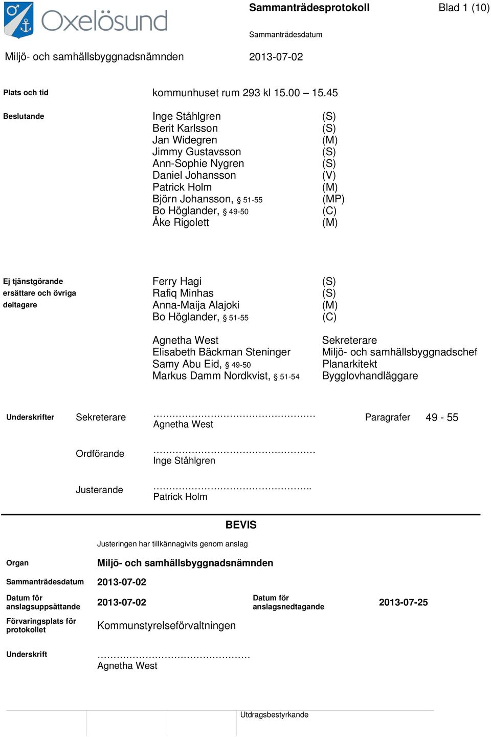(C) Åke Rigolett (M) Ej tjänstgörande Ferry Hagi (S) ersättare och övriga Rafiq Minhas (S) deltagare Anna-Maija Alajoki (M) Bo Höglander, 51-55 (C) Agnetha West Elisabeth Bäckman Steninger Samy Abu