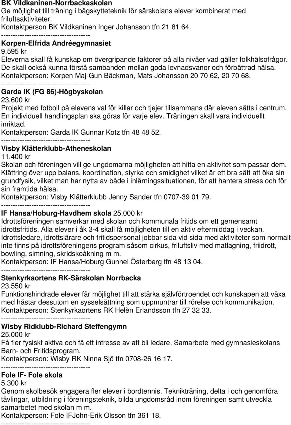 De skall också kunna förstå sambanden mellan goda levnadsvanor och förbättrad hälsa. Kontaktperson: Korpen Maj-Gun Bäckman, Mats Johansson 20 70 62, 20 70 68. Garda IK (FG 86)-Högbyskolan 23.