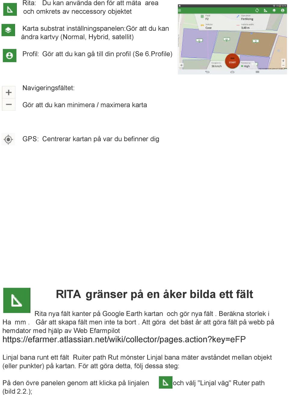 Profile) Navigeringsfältet: Gör att du kan minimera / maximera karta GPS: Centrerar kartan på var du befinner dig RITA gränser på en åker bilda ett fält Rita nya fält kanter på Google Earth kartan