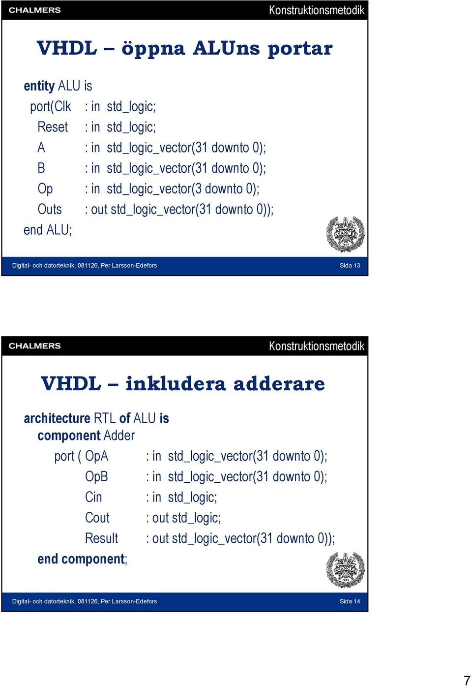 Larsson-Edefors Sida 13 Konstruktionsmetodik VHDL inkludera adderare architecture RTL of ALU is component Adder port ( OpA : in std_logic_vector(31 downto 0); OpB : in