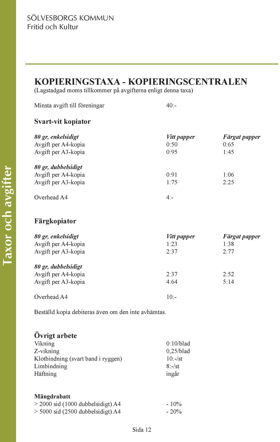 Färgat papper Avgift per A4-kopia 1:23 1:38 Avgift per A3-kopia 2:37 2:77 80 gr, dubbelsidigt Avgift per A4-kopia 2:37 2:52 Avgift per A3-kopia 4:64 5:14 Overhead A4 10:- Beställd kopia debiteras