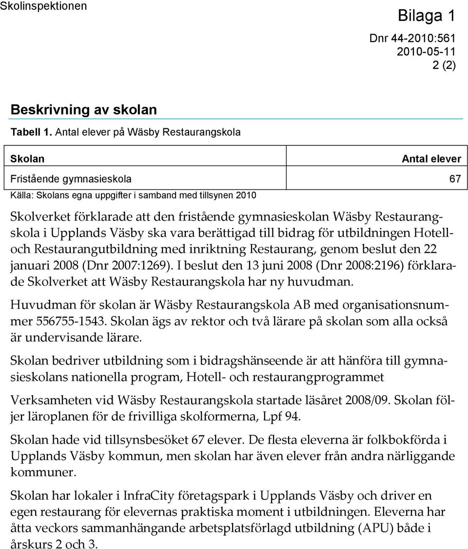 gymnasieskolan Wäsby Restaurangskola i Upplands Väsby ska vara berättigad till bidrag för utbildningen Hotelloch Restaurangutbildning med inriktning Restaurang, genom beslut den 22 januari 2008 (Dnr