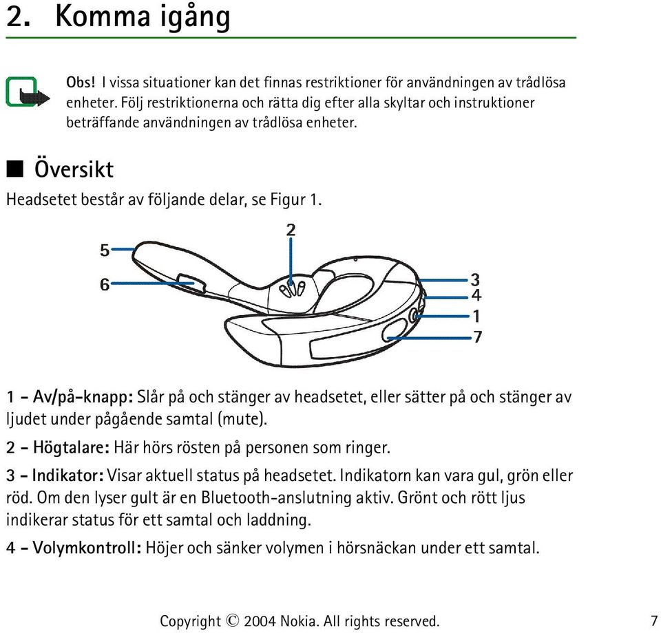1 - Av/på-knapp: Slår på och stänger av headsetet, eller sätter på och stänger av ljudet under pågående samtal (mute). 2 - Högtalare: Här hörs rösten på personen som ringer.