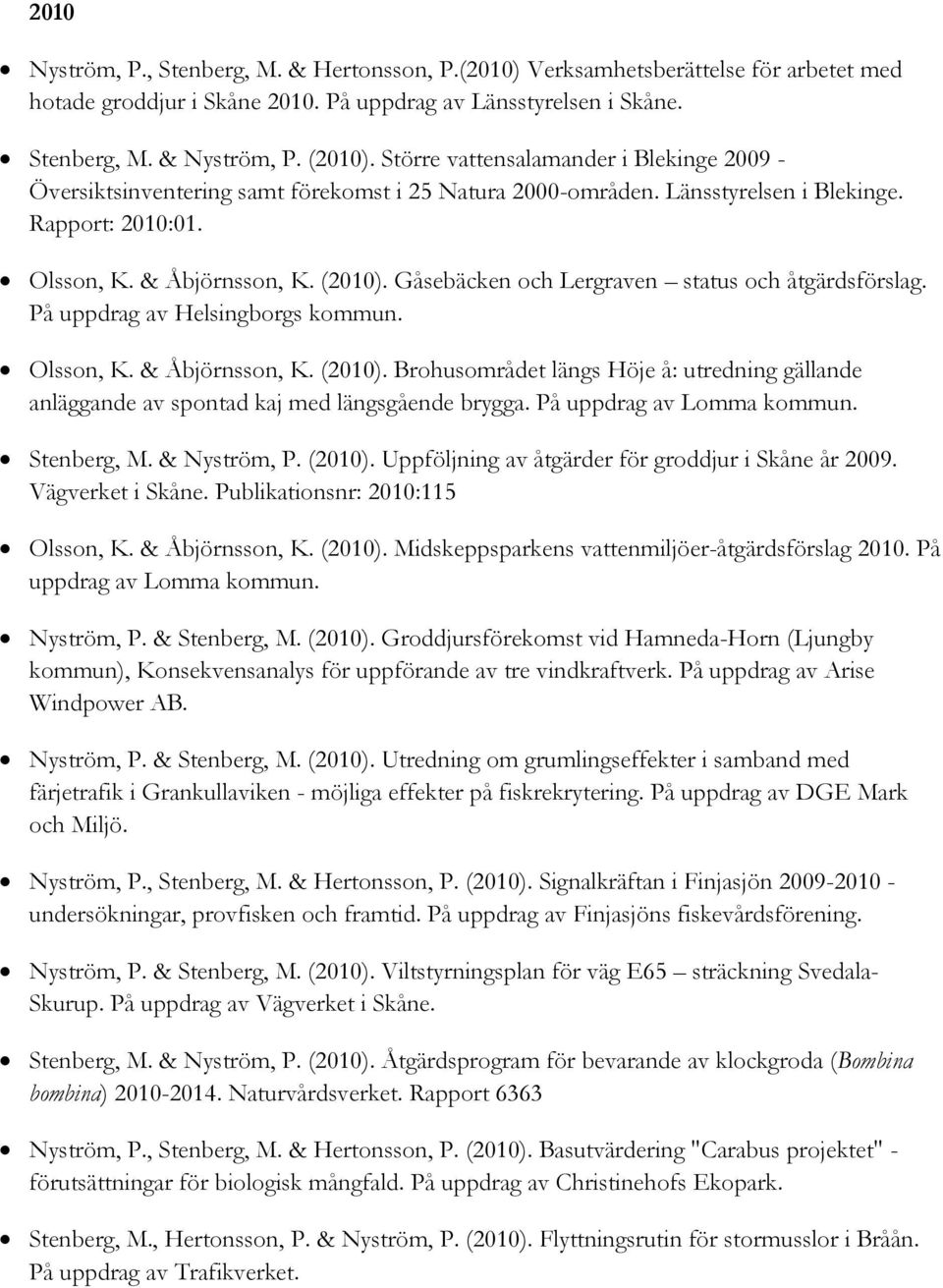 Gåsebäcken och Lergraven status och åtgärdsförslag. På uppdrag av Helsingborgs kommun. Olsson, K. & Åbjörnsson, K. (2010).