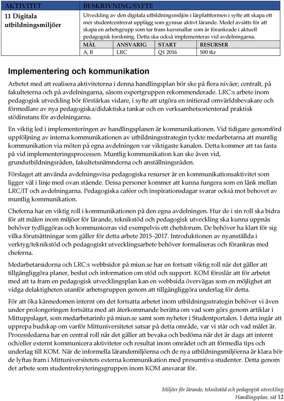 A, B LRC Q1 2016 500 tkr Implementering och kommunikation Arbetet med att realisera aktiviteterna i denna handlingsplan bör ske på flera nivåer; centralt, på fakulteterna och på avdelningarna, såsom