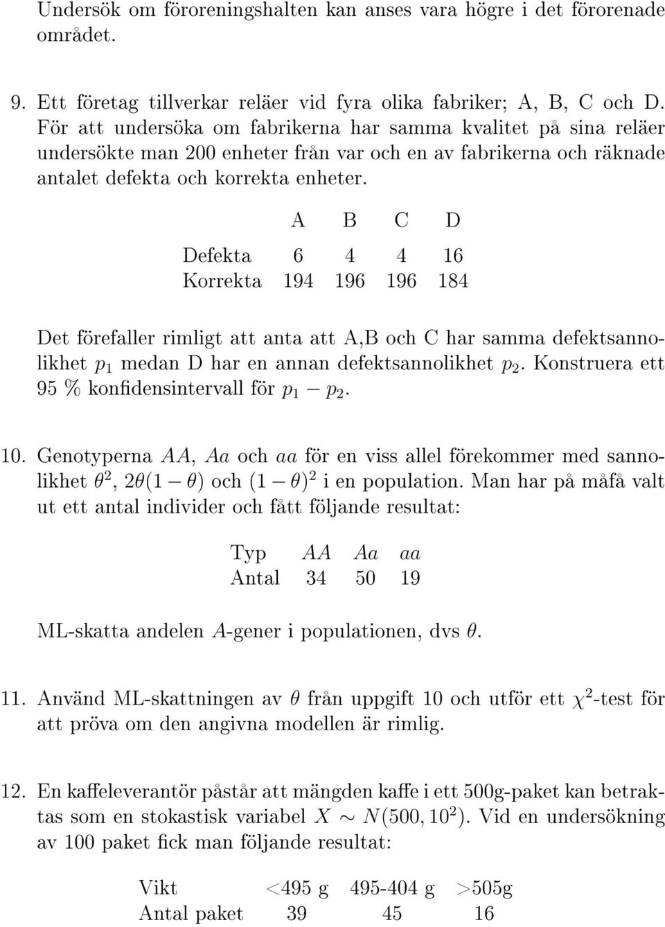 A B C D Defekta 6 4 4 16 Korrekta 194 196 196 184 Det förefaller rimligt att anta att A,B och C har samma defektsannolikhet p 1 medan D har en annan defektsannolikhet p 2.