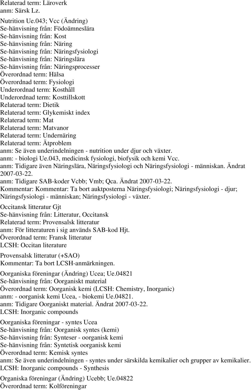 Näringsprocesser Överordnad term: Hälsa Överordnad term: Fysiologi Underordnad term: Kosthåll Underordnad term: Kosttillskott Relaterad term: Dietik Relaterad term: Glykemiskt index Relaterad term: