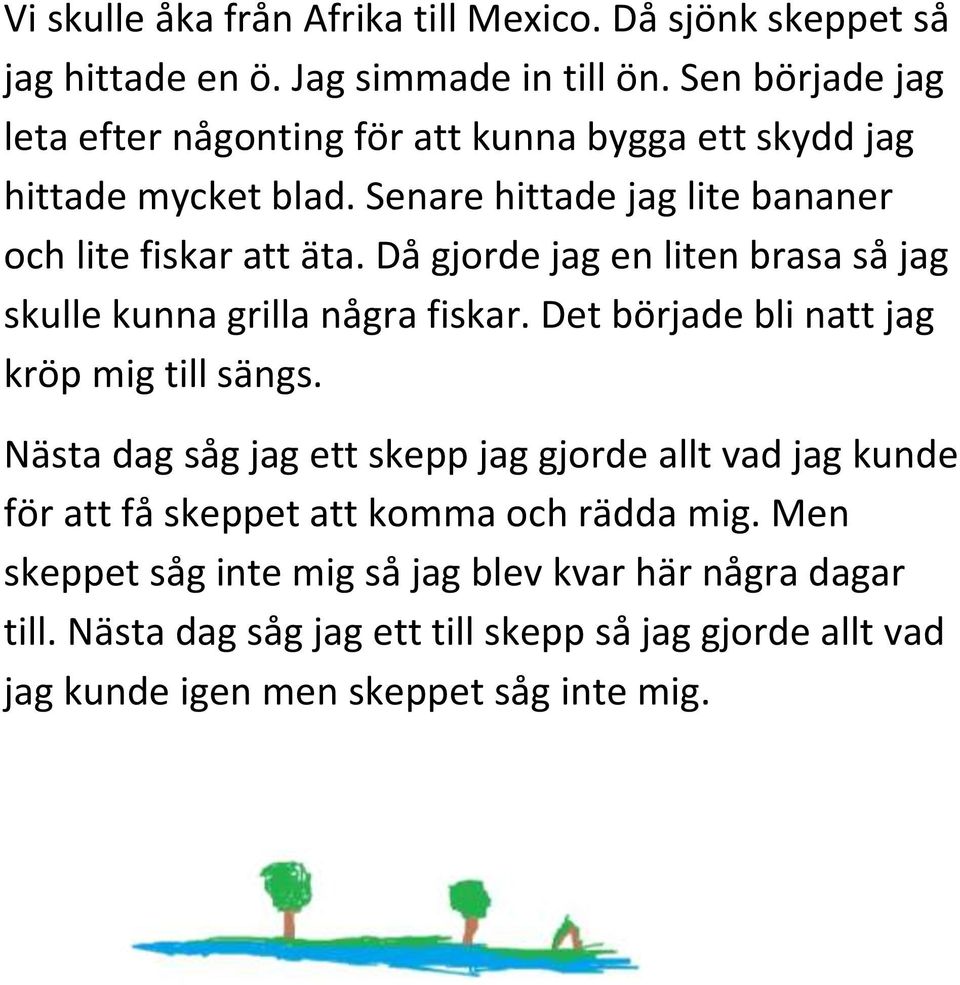 Då gjorde jag en liten brasa så jag skulle kunna grilla några fiskar. Det började bli natt jag kröp mig till sängs.