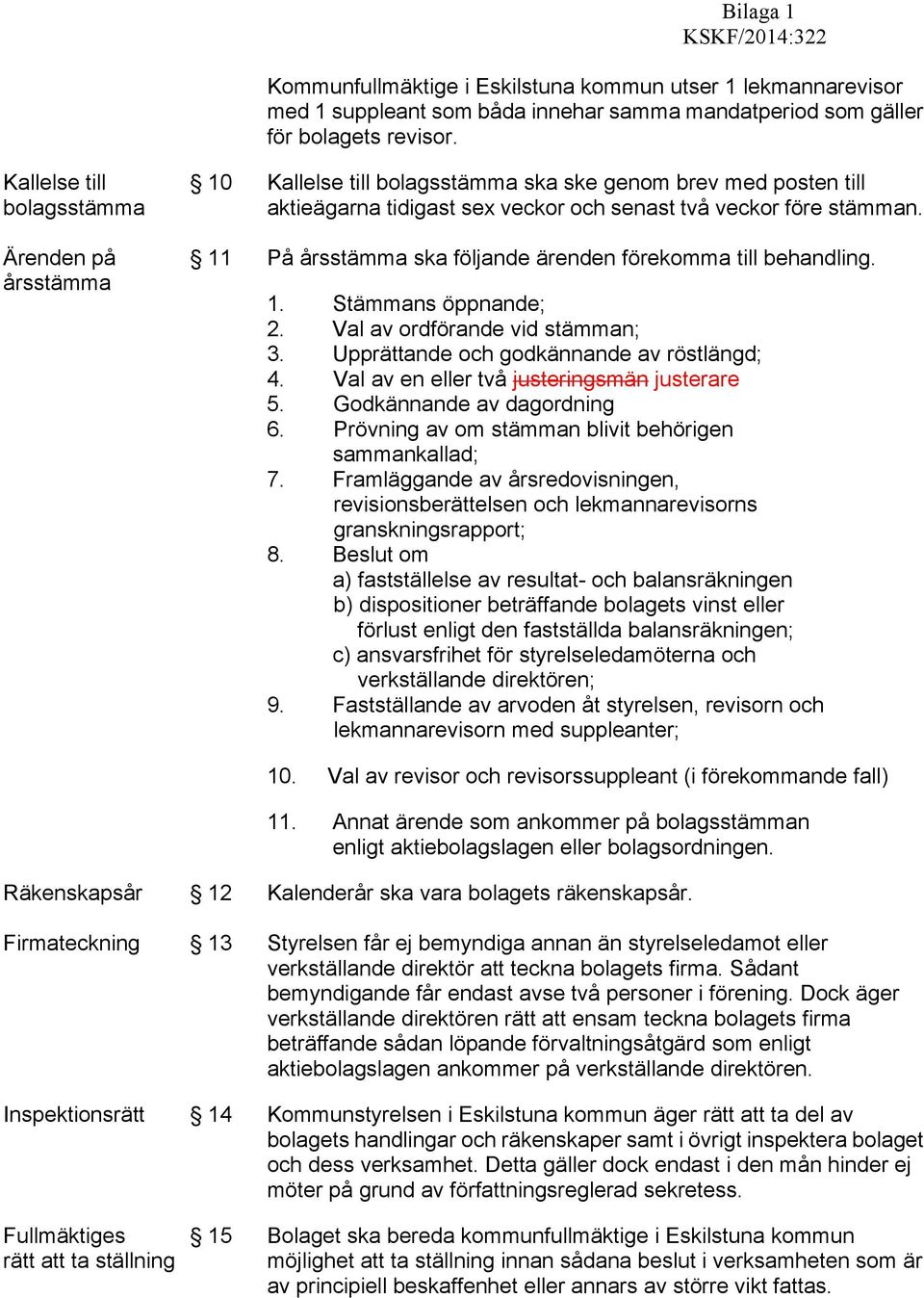 11 På årsstämma ska följande ärenden förekomma till behandling. 1. Stämmans öppnande; 2. Val av ordförande vid stämman; 3. Upprättande och godkännande av röstlängd; 4.