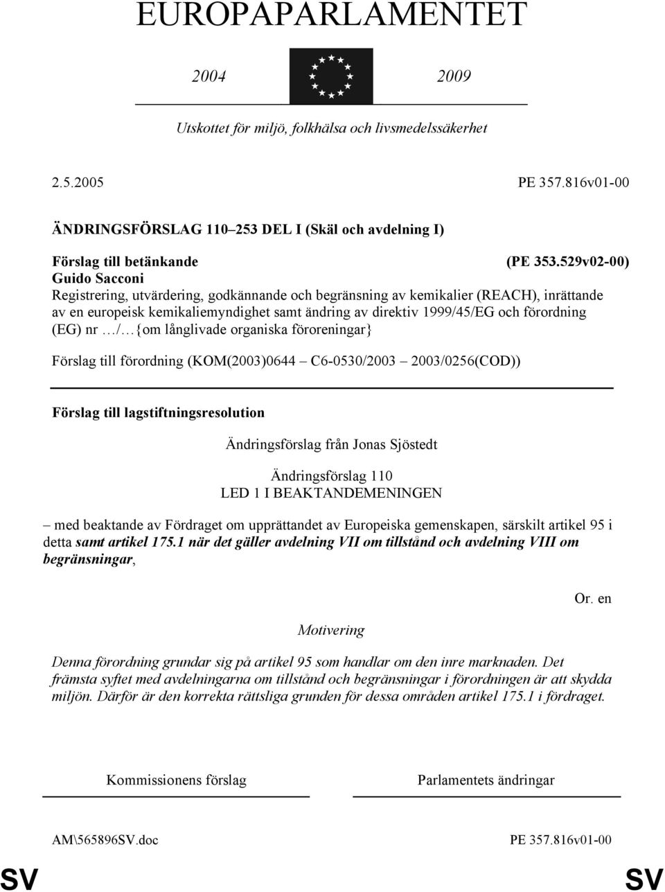 529v02-00) Guido Sacconi Registrering, utvärdering, godkännande och begränsning av kemikalier (REACH), inrättande av en europeisk kemikaliemyndighet samt ändring av direktiv 1999/45/EG och förordning