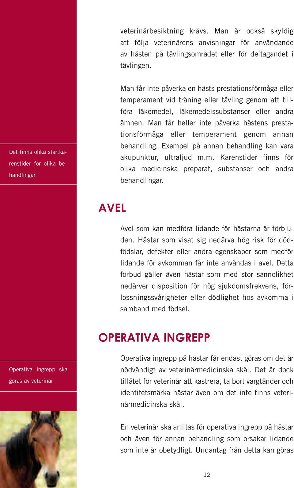 eller andra ämnen. Man får heller inte påverka hästens prestationsförmåga eller temperament genom annan behandling. Exempel på annan behandling kan vara akupunktur, ultraljud m.m. Karenstider finns för olika medicinska preparat, substanser och andra behandlingar.